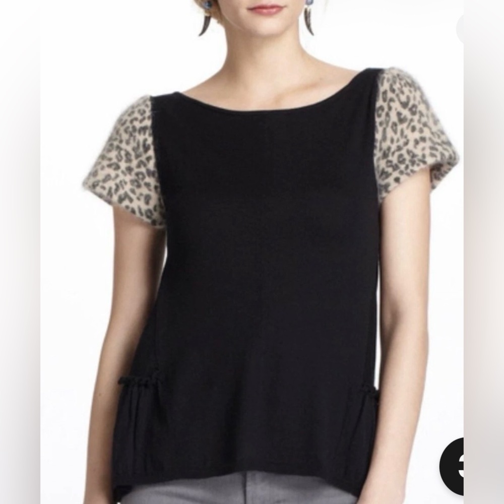 Anthro Leifsdottir Black Wool/Cashmere sweater with animal print cap sleeve #776